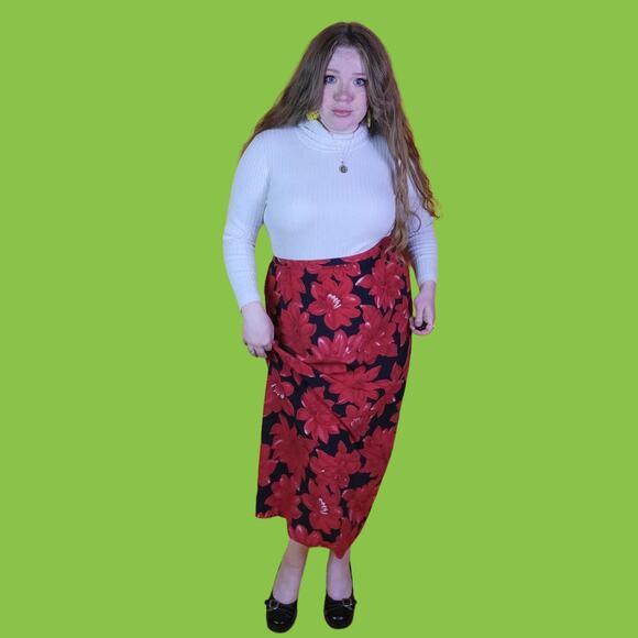 Kathie Lee Woman Red and Black 90s Floral Midi Skirt, 16W - Picture 2 of 4